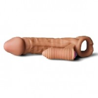 Penis Sleeve 7.88", Vibrating Single Speed Bullet, Waterproof, BROWN